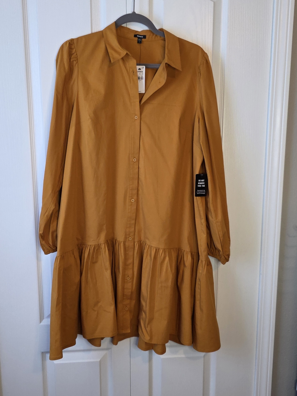 Express Drop Waist Tiered Mini Dress Brown Mustard Ochre Large NWT